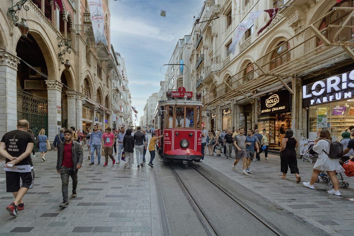 Urban tram and pedestrian movement
