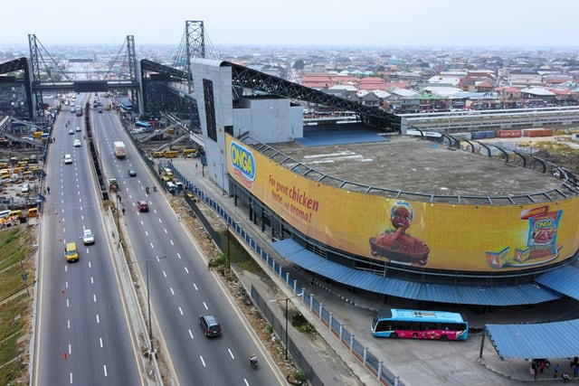 Aerial view of a bus terminal and approach roads